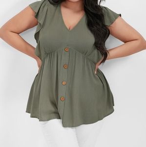BLOOMCHIC Solid Ruffled Sleeve Button V Neck Blouse light green size 14